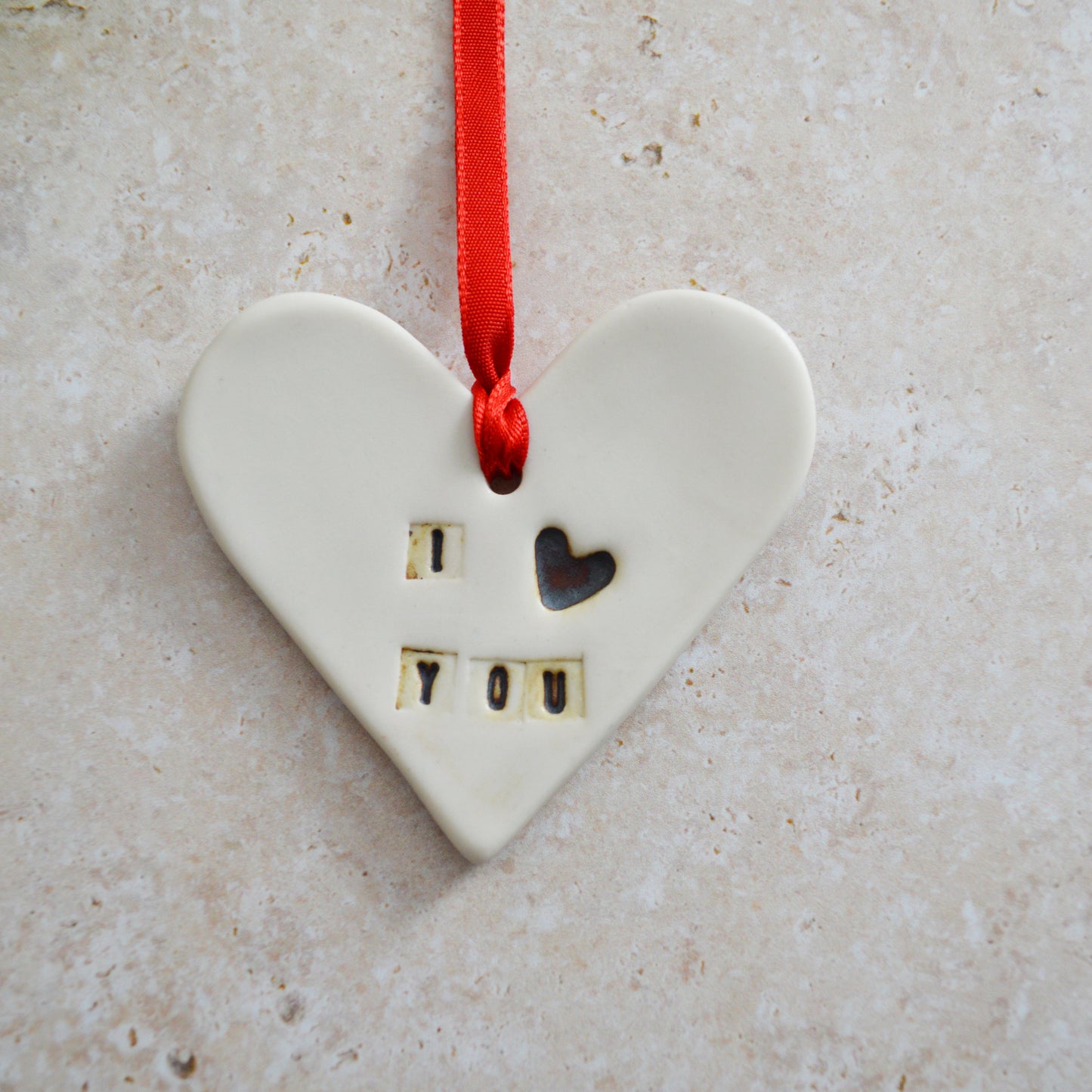Seconds* Discontinued* I Love You Heart With an Oxide Heart | Porcelain | Hanging Heart Decoration | Valentines Keepsake (A81)