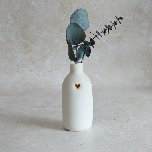 Seconds* Large White Bottle Vase With A Gold Embossed Heart | Flower Vase | Porcelain Vase (A82)
