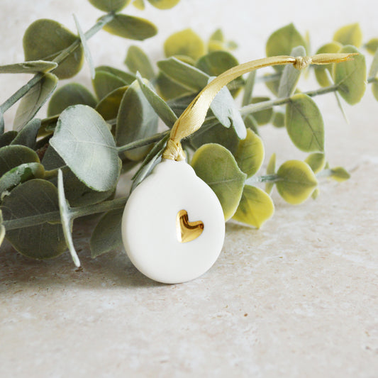 Seconds* Mini Ceramic Bauble Hanging Decoration With A Gold Heart | Porcelain | Hanging Christmas Decorations | X-mas Tree Decorations (A83)