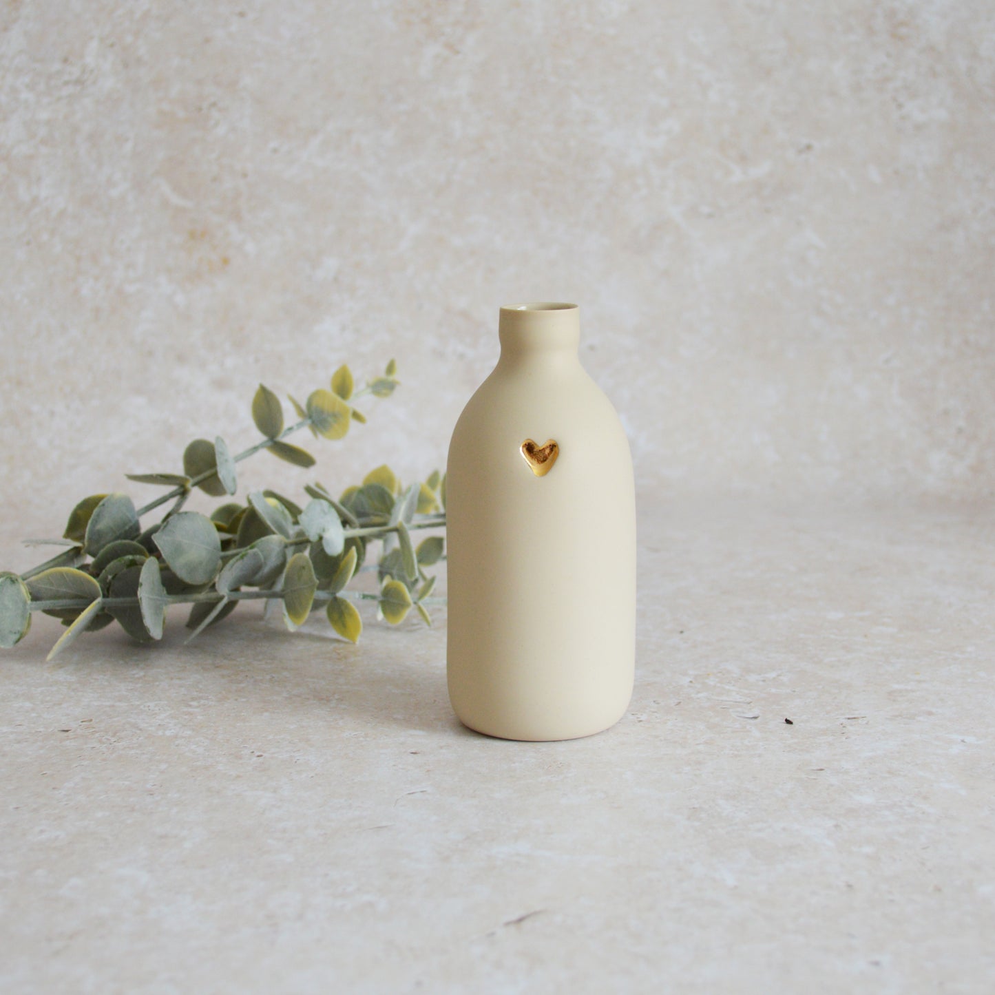 Seconds* Large Beige Bottle Vase With A Gold Embossed Heart | Flower Vase | Porcelain Vase (A84)