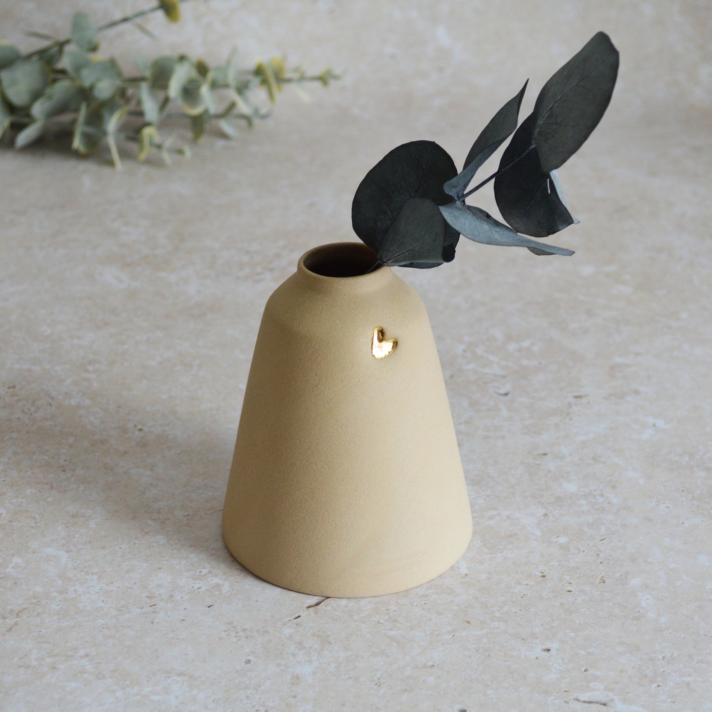 Seconds* Discontinued* Pastel Brown Angled Ceramic Vase With A Gold Embossed Heart | Stoneware Vase | Flower Vase (A85)