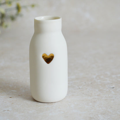 Seconds* SMALL White Bottle Vase With A Gold Embossed Heart | Bottle Vase | Flower Vase | Summer Vase | Mother's Day | Porcelain (A86)