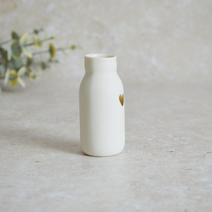 Seconds* SMALL White Bottle Vase With A Gold Embossed Heart | Bottle Vase | Flower Vase | Summer Vase | Mother's Day | Porcelain (A86)