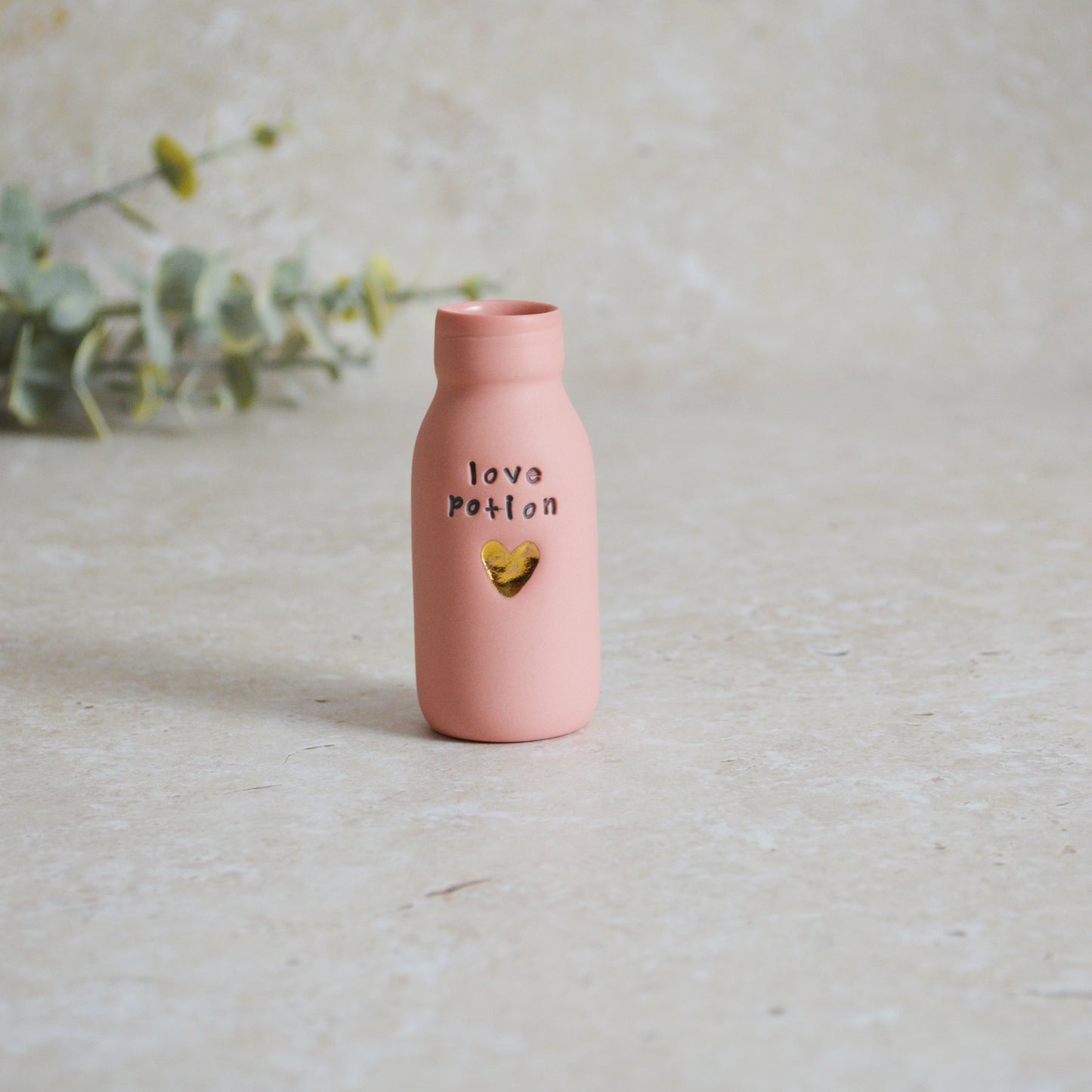 Seconds* Discontinued* Love Potion Bottle Vase With A Gold Embossed Heart | Ceramic Pink Bottle Vase| Valentine's Gift | Porcelain Vase (A8)