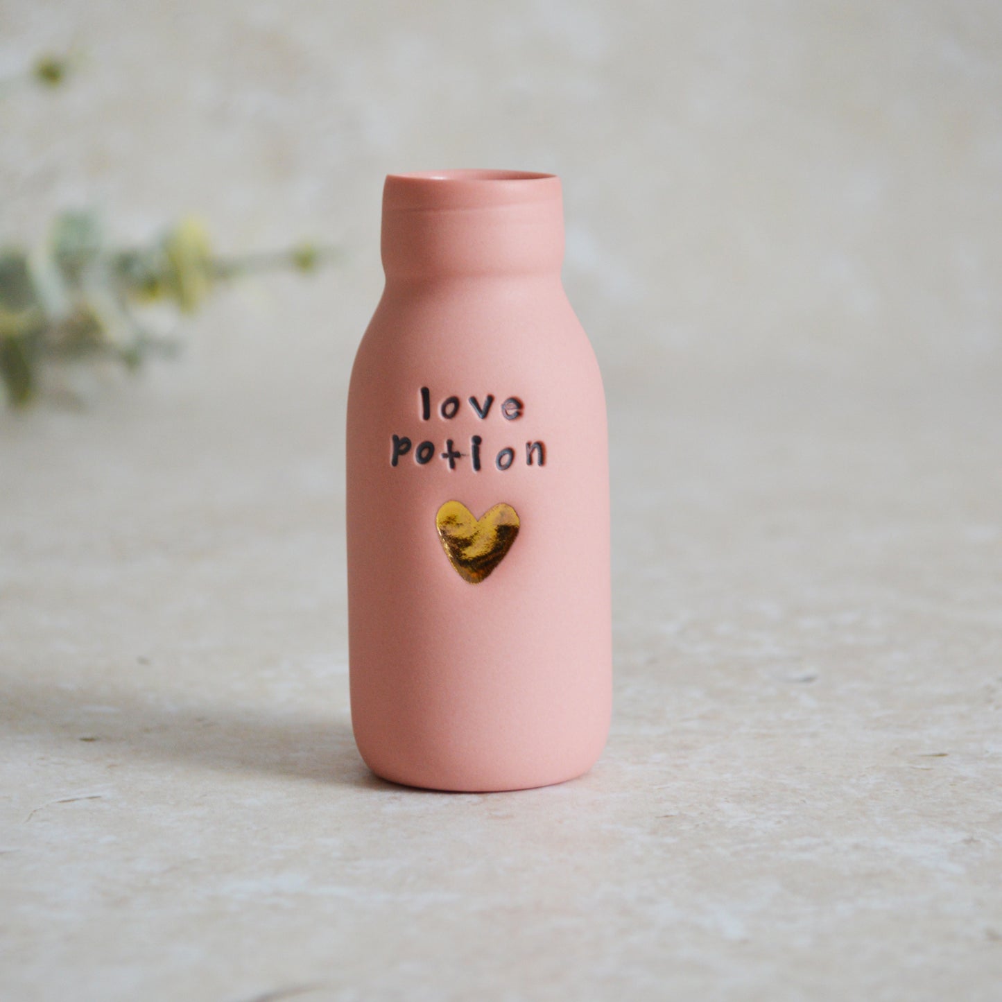 Seconds* Discontinued* Love Potion Bottle Vase With A Gold Embossed Heart | Ceramic Pink Bottle Vase| Valentine's Gift | Porcelain Vase (A8)