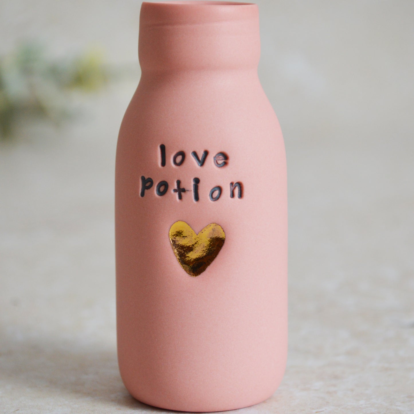 Seconds* Discontinued* Love Potion Bottle Vase With A Gold Embossed Heart | Ceramic Pink Bottle Vase| Valentine's Gift | Porcelain Vase (A8)