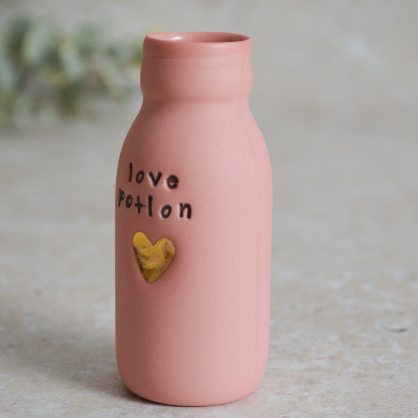 Seconds* Discontinued* Love Potion Bottle Vase With A Gold Embossed Heart | Ceramic Pink Bottle Vase| Valentine's Gift | Porcelain Vase (A8)