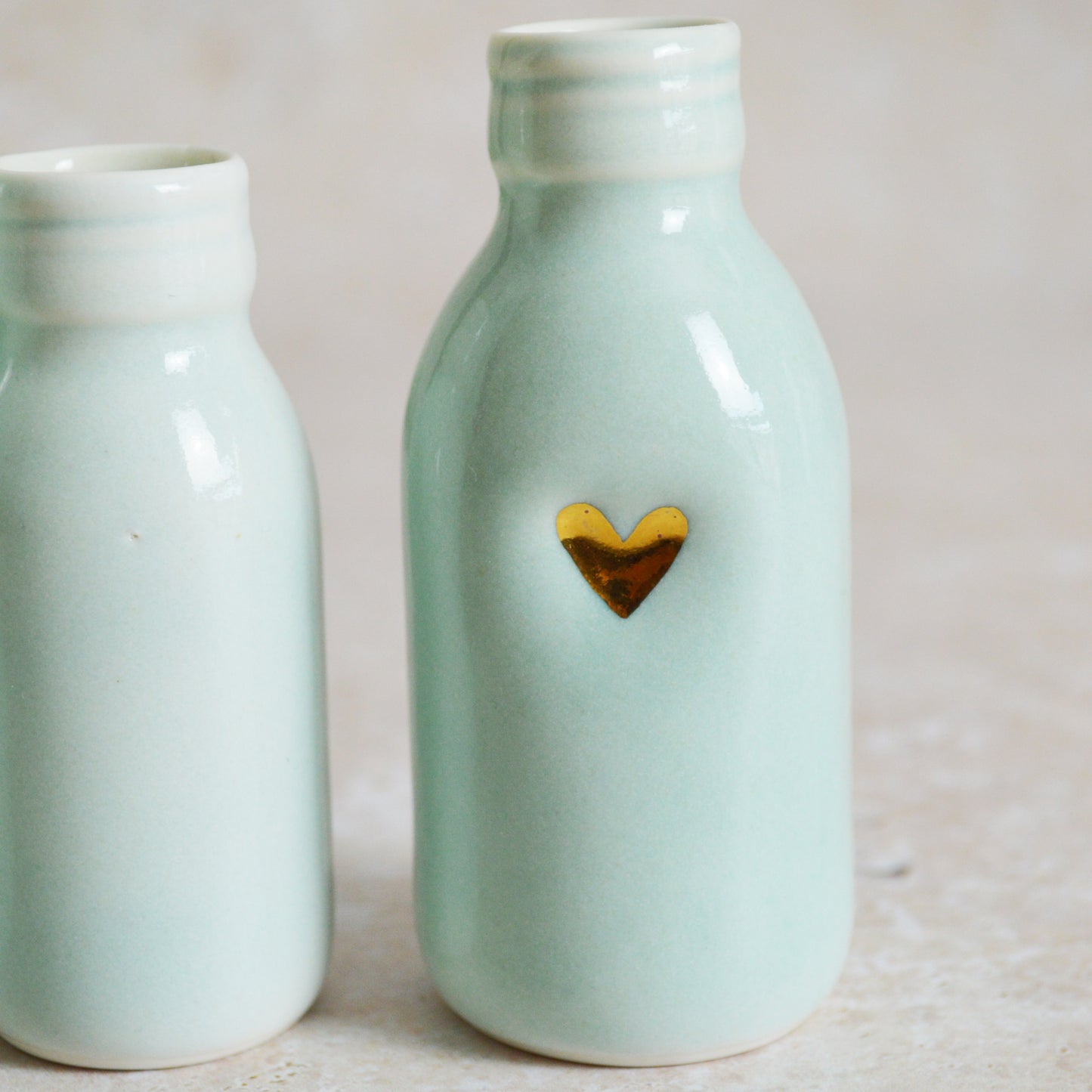 Discontinued* Seconds* Set of Three Turquoise Glazed Bottle Vases With A Gold Embossed Heart | Summer Vase | Flower Vase | Porcelain (A90)