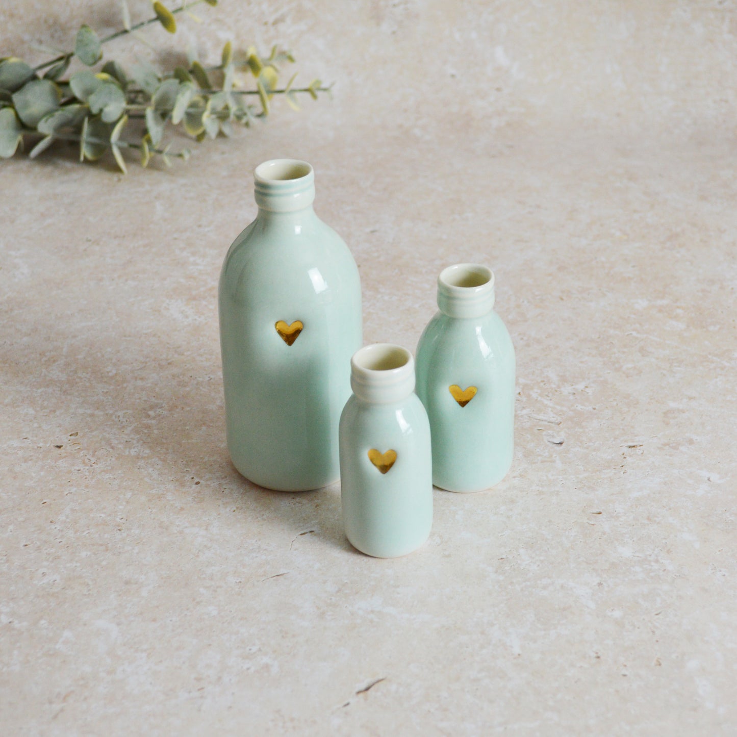 Discontinued* Seconds* Set of Three Turquoise Glazed Bottle Vases With A Gold Embossed Heart | Summer Vase | Flower Vase | Porcelain (A90)