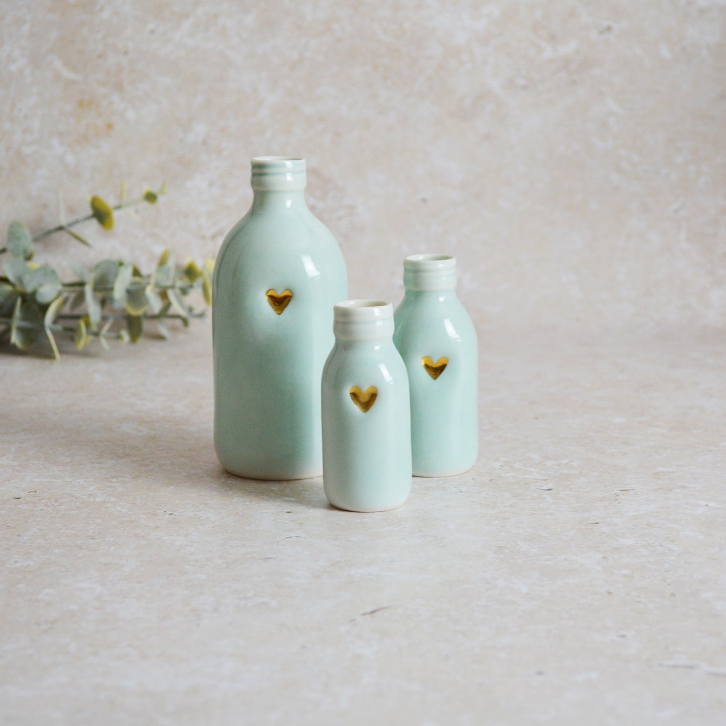 Discontinued* Seconds* Set of Three Turquoise Glazed Bottle Vases With A Gold Embossed Heart | Summer Vase | Flower Vase | Porcelain (A90)