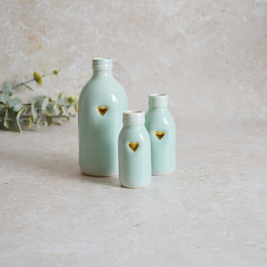 Discontinued* Seconds* Set of Three Turquoise Glazed Bottle Vases With A Gold Embossed Heart | Summer Vase | Flower Vase | Porcelain (A90)