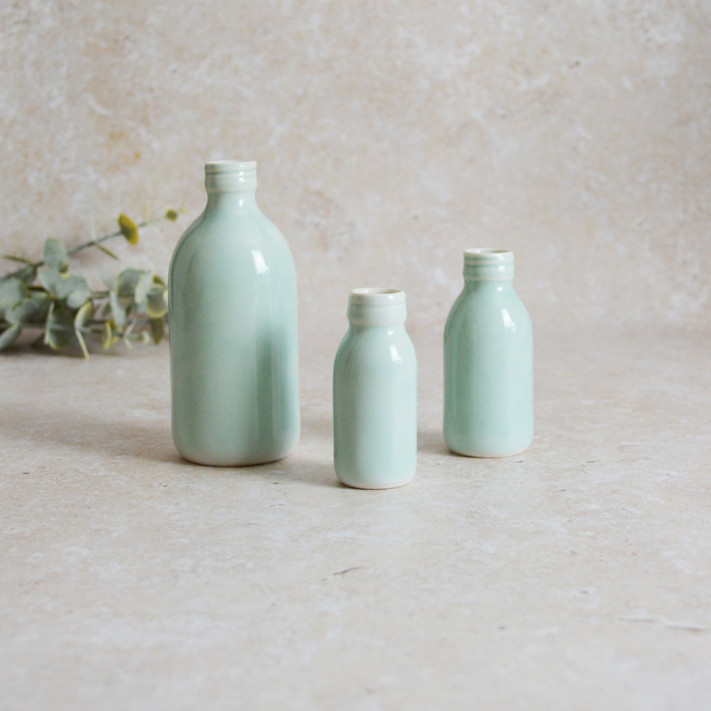 Discontinued* Seconds* Set of Three Turquoise Glazed Bottle Vases With A Gold Embossed Heart | Summer Vase | Flower Vase | Porcelain (A90)