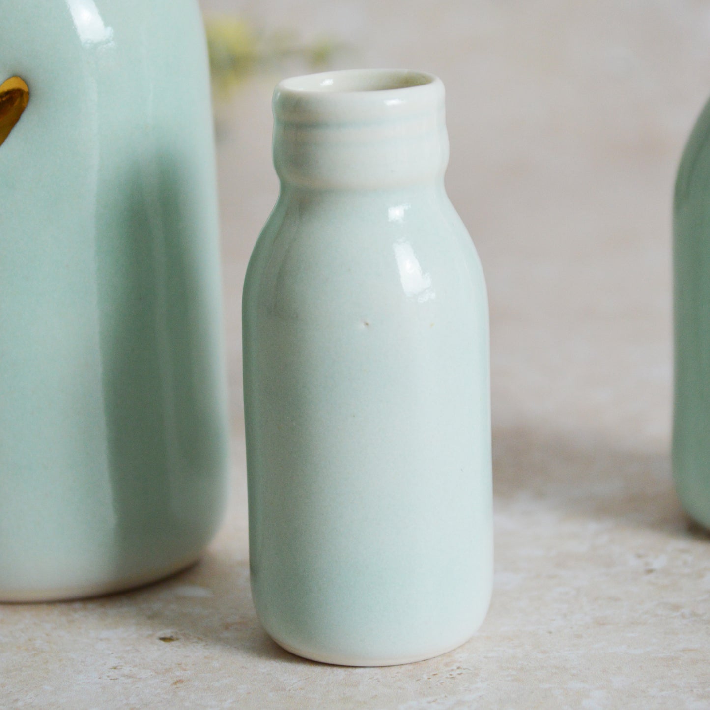 Discontinued* Seconds* Set of Three Turquoise Glazed Bottle Vases With A Gold Embossed Heart | Summer Vase | Flower Vase | Porcelain (A90)