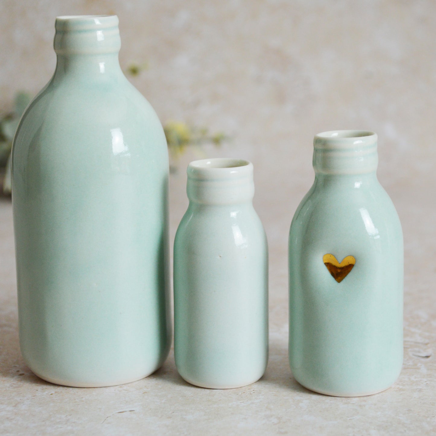 Discontinued* Seconds* Set of Three Turquoise Glazed Bottle Vases With A Gold Embossed Heart | Summer Vase | Flower Vase | Porcelain (A90)