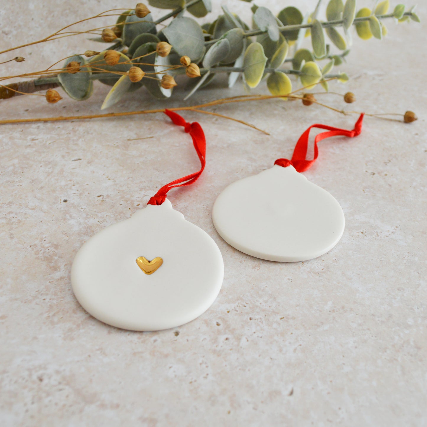Sample* Flat Bauble Hanging Decoration With A Centred Gold Heart | Porcelain | Hanging Christmas Decorations | Christmas Tree Decor (A91)
