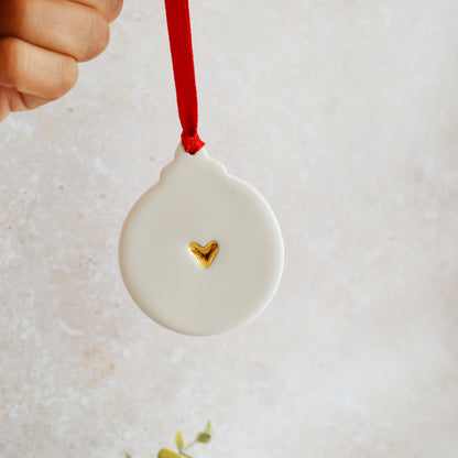 Sample* Flat Bauble Hanging Decoration With A Centred Gold Heart | Porcelain | Hanging Christmas Decorations | Christmas Tree Decor (A91)