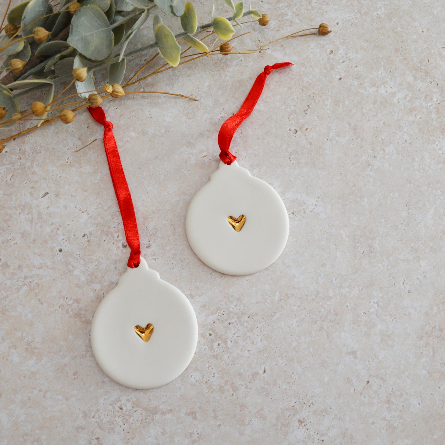 Sample* Flat Bauble Hanging Decoration With A Centred Gold Heart | Porcelain | Hanging Christmas Decorations | Christmas Tree Decor (A91)