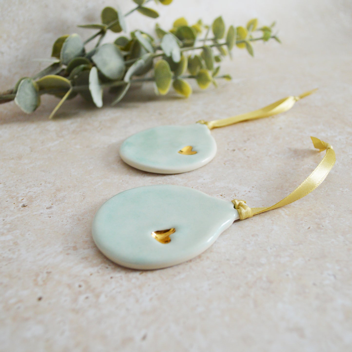 Sample* Seconds* A PAIR of Flat Turquoise Glazed Bauble Hanging Decoration With A Gold Heart | Porcelain | Hanging Christmas Decorations | Christmas Tree Decor (A92-2)
