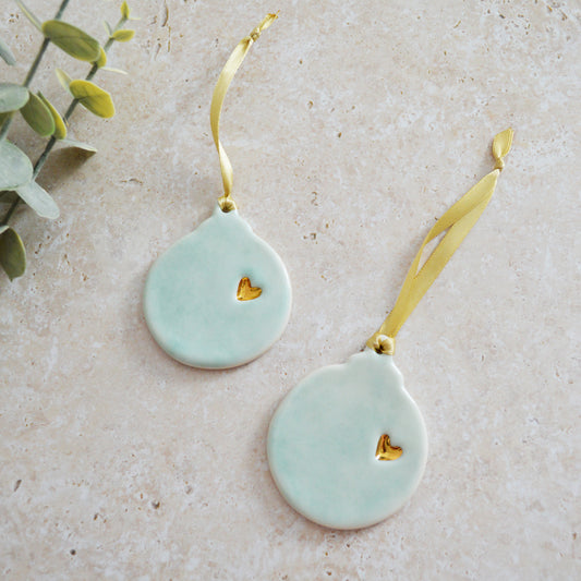 Sample* Seconds* A PAIR of Flat Turquoise Glazed Bauble Hanging Decoration With A Gold Heart | Porcelain | Hanging Christmas Decorations | Christmas Tree Decor (A92-2)