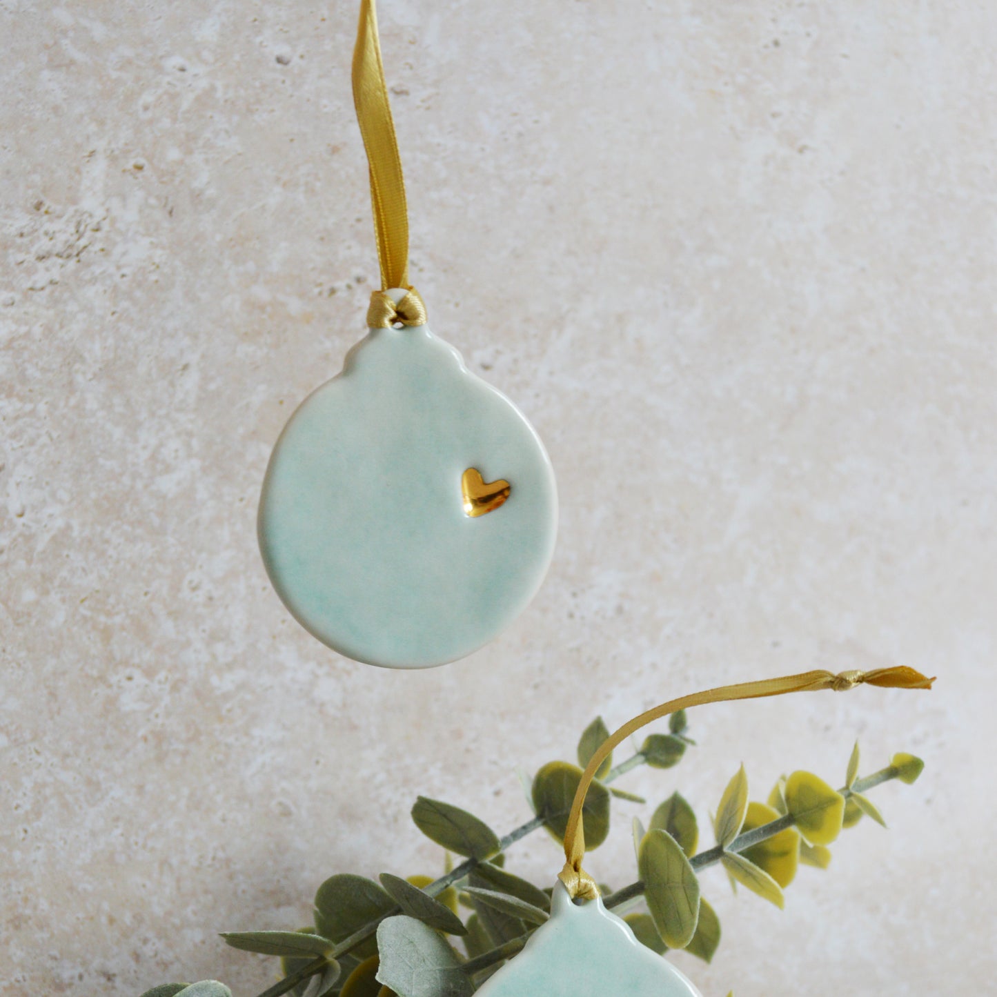 Sample* Seconds* A PAIR of Flat Turquoise Glazed Bauble Hanging Decoration With A Gold Heart | Porcelain | Hanging Christmas Decorations | Christmas Tree Decor (A92-3)