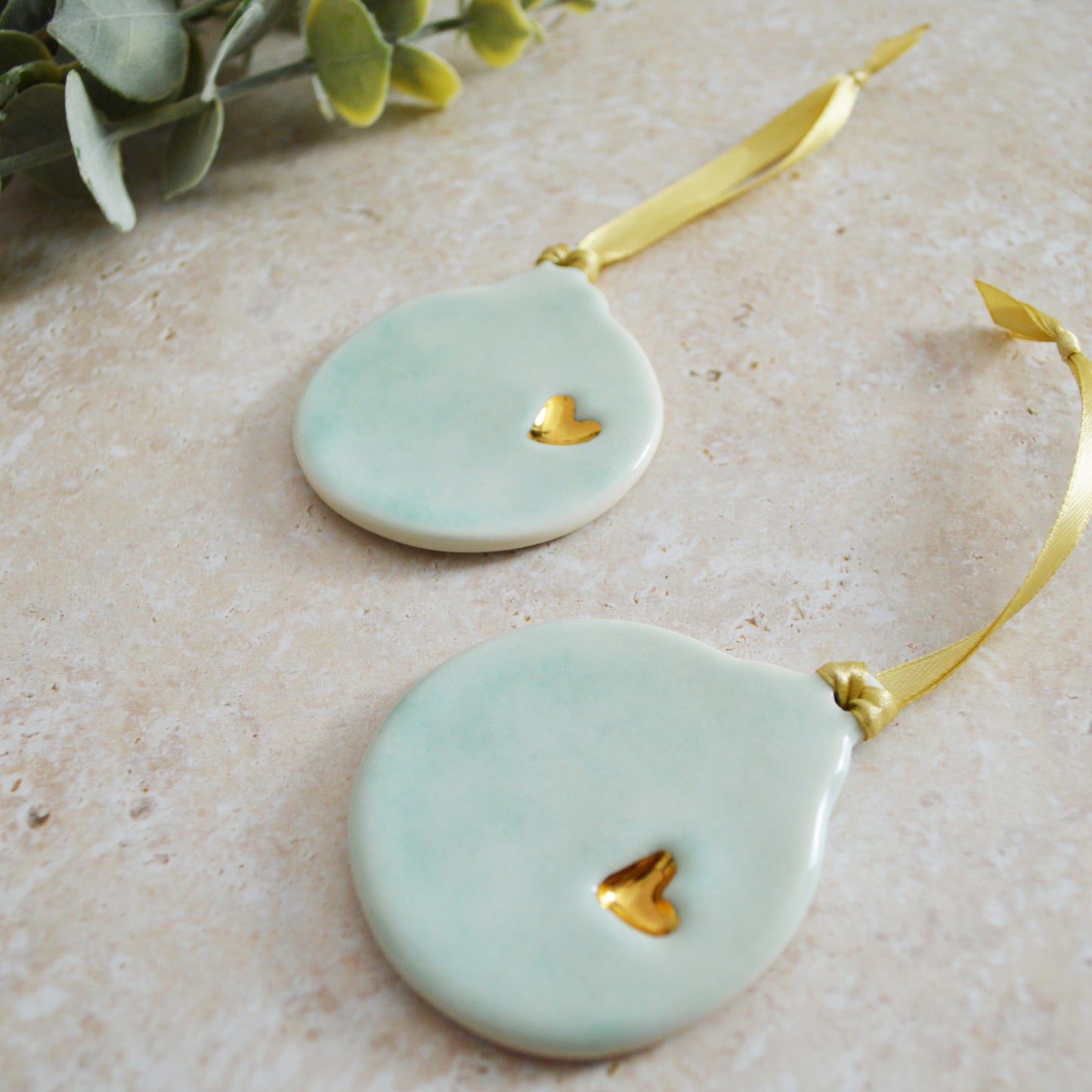 Sample* Seconds* A PAIR of Flat Turquoise Glazed Bauble Hanging Decoration With A Gold Heart | Porcelain | Hanging Christmas Decorations | Christmas Tree Decor (A92-3)