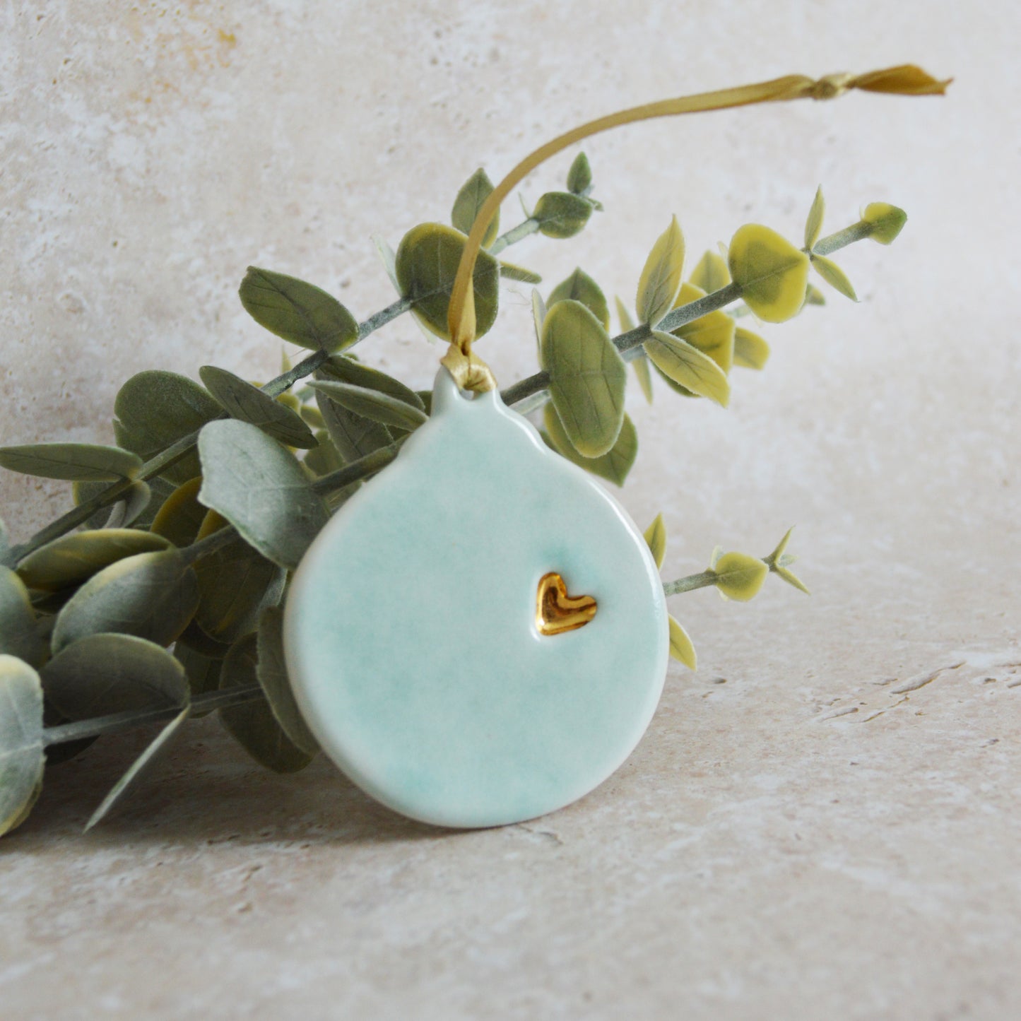 Sample* Seconds* A PAIR of Flat Turquoise Glazed Bauble Hanging Decoration With A Gold Heart | Porcelain | Hanging Christmas Decorations | Christmas Tree Decor (A92-3)