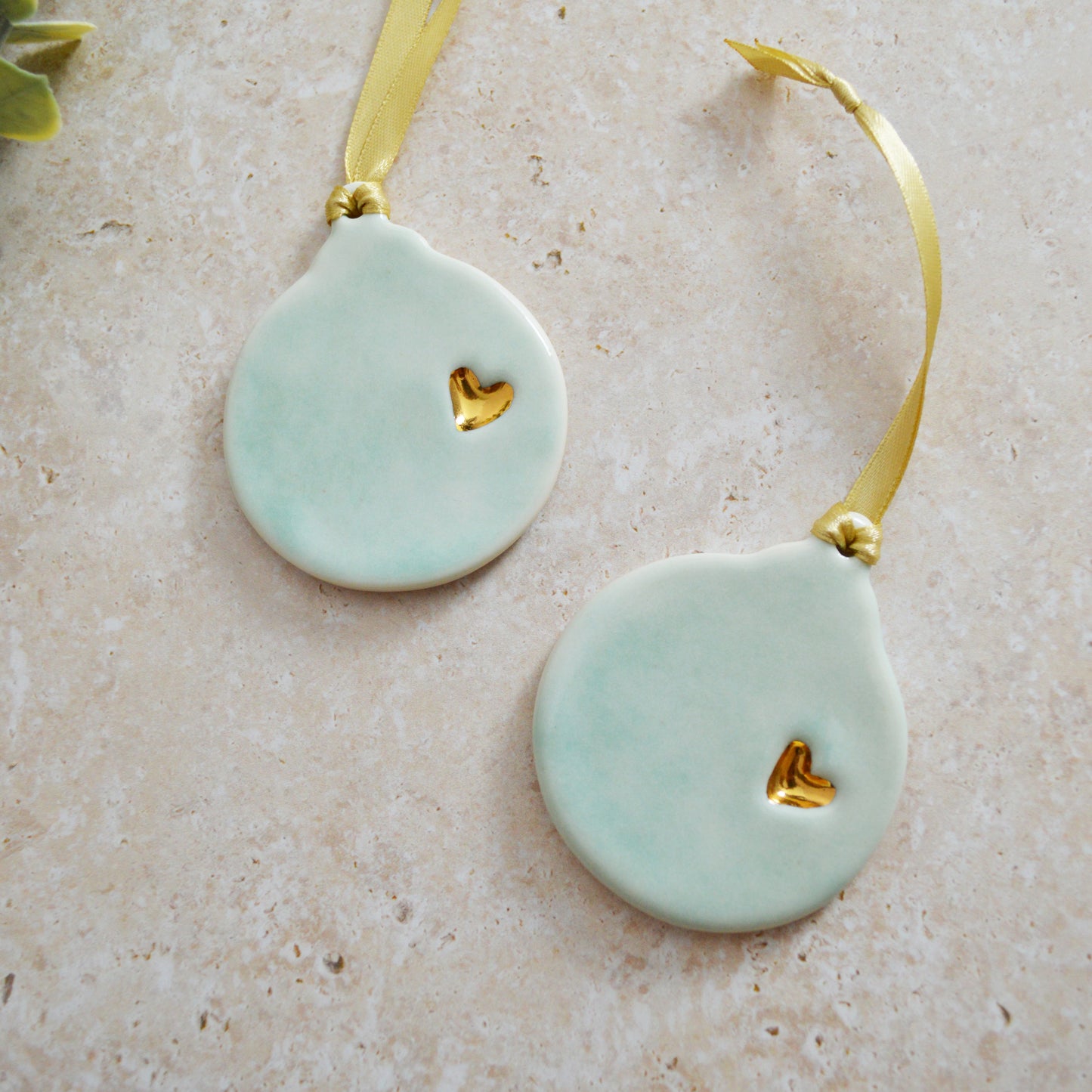 Sample* Seconds* A PAIR of Flat Turquoise Glazed Bauble Hanging Decoration With A Gold Heart | Porcelain | Hanging Christmas Decorations | Christmas Tree Decor (A92-3)
