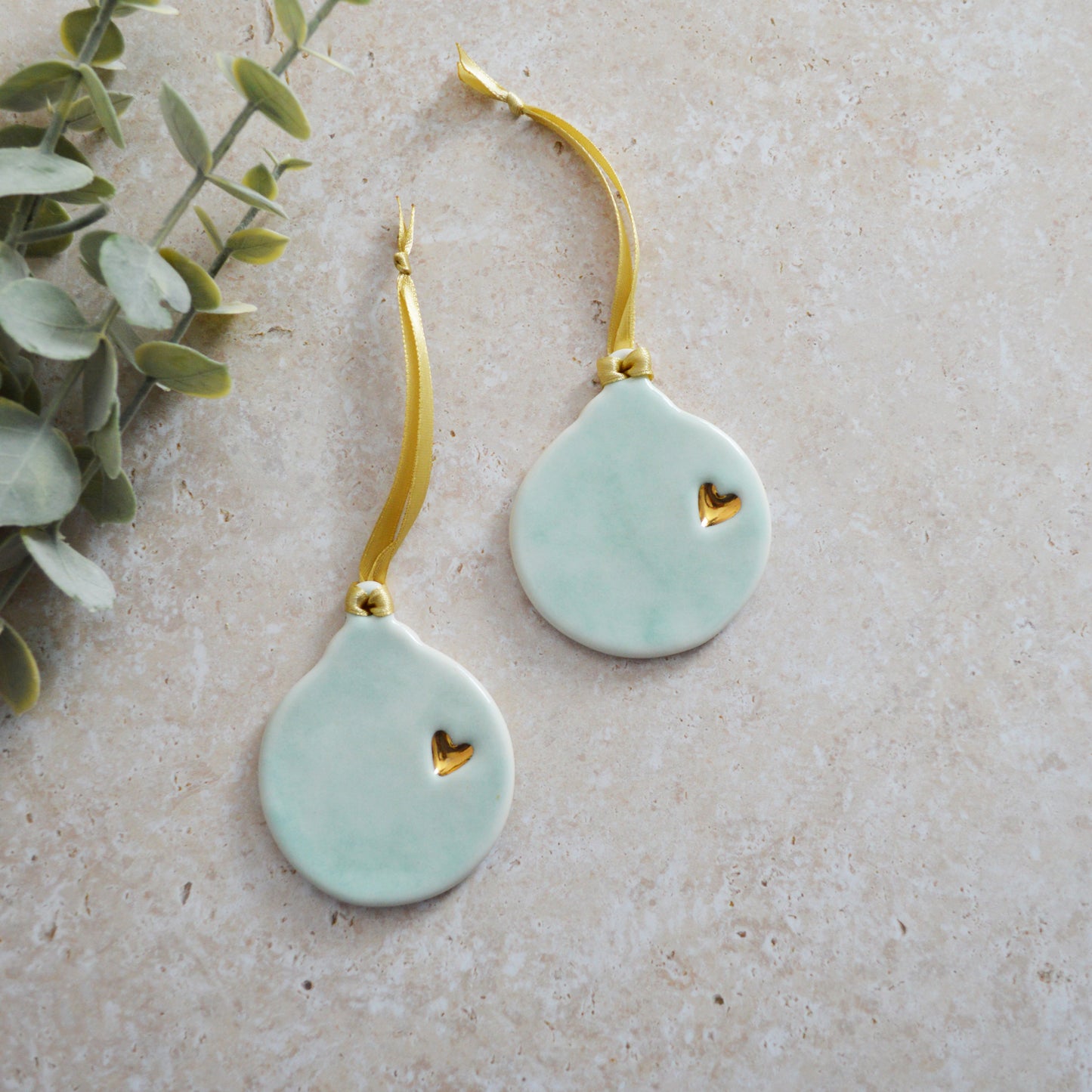 Sample* Seconds* A PAIR of Flat Turquoise Glazed Bauble Hanging Decoration With A Gold Heart | Porcelain | Hanging Christmas Decorations | Christmas Tree Decor A92 (1)
