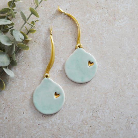Sample* Seconds* A PAIR of Flat Turquoise Glazed Bauble Hanging Decoration With A Gold Heart | Porcelain | Hanging Christmas Decorations | Christmas Tree Decor A92 (1)
