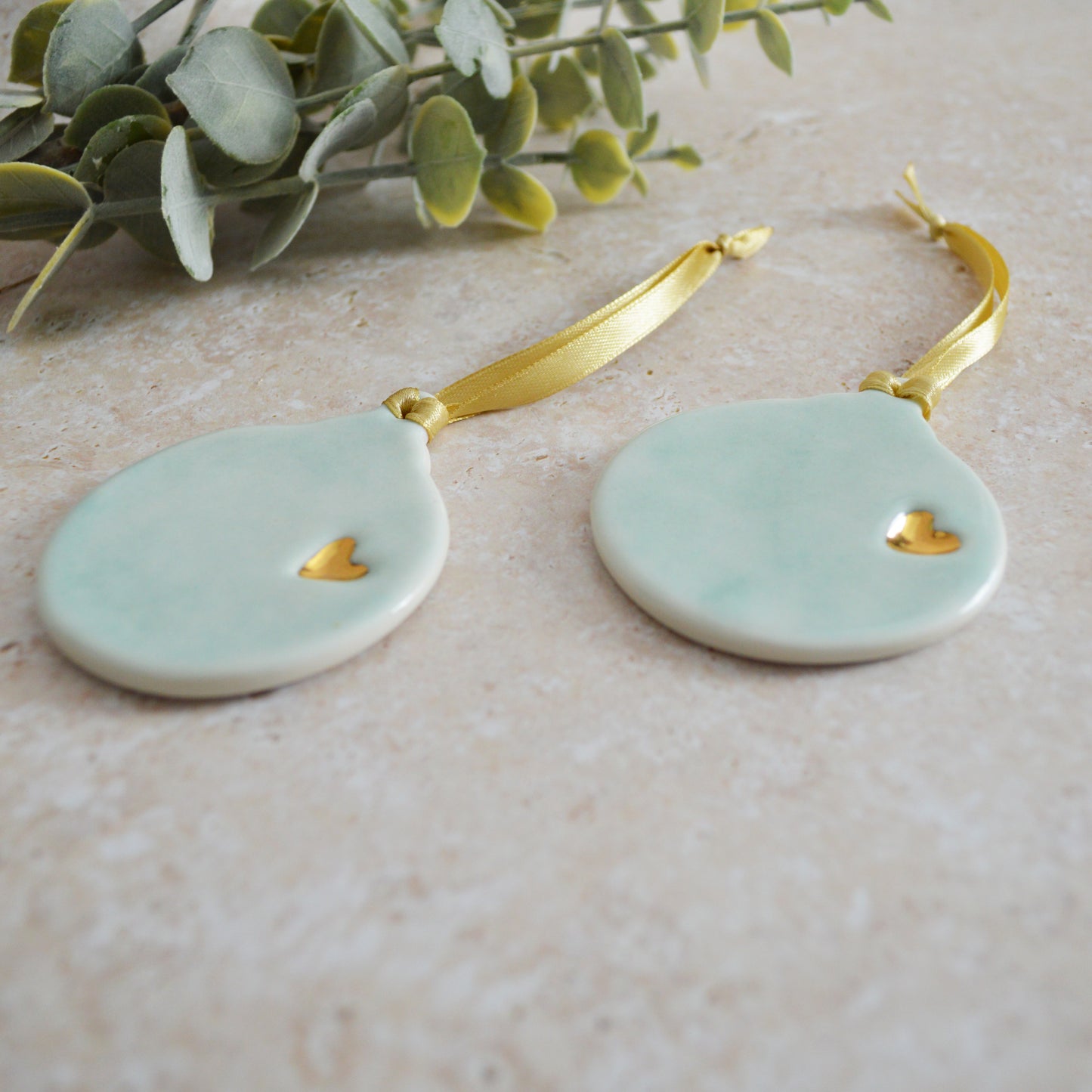 Sample* Seconds* A PAIR of Flat Turquoise Glazed Bauble Hanging Decoration With A Gold Heart | Porcelain | Hanging Christmas Decorations | Christmas Tree Decor A92 (1)