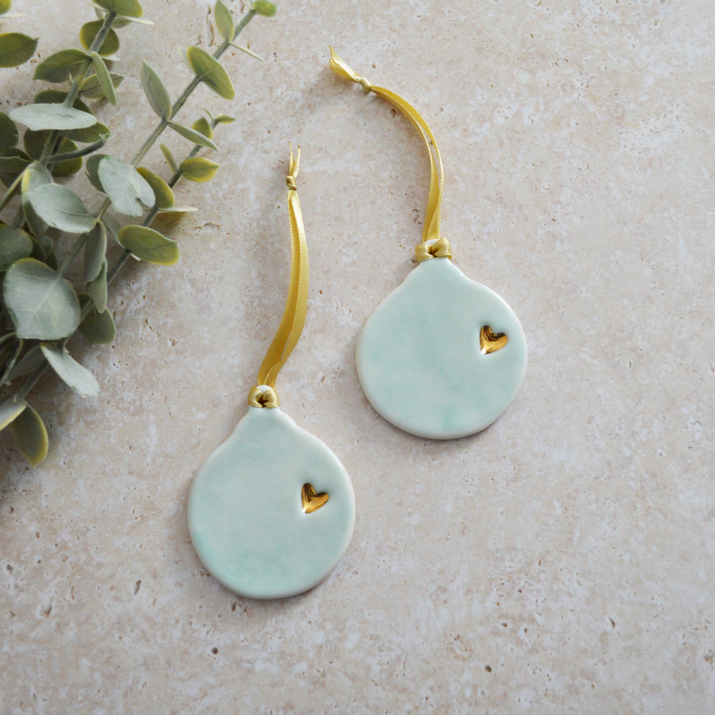 Sample* Seconds* A PAIR of Flat Turquoise Glazed Bauble Hanging Decoration With A Gold Heart | Porcelain | Hanging Christmas Decorations | Christmas Tree Decor A92 (1)