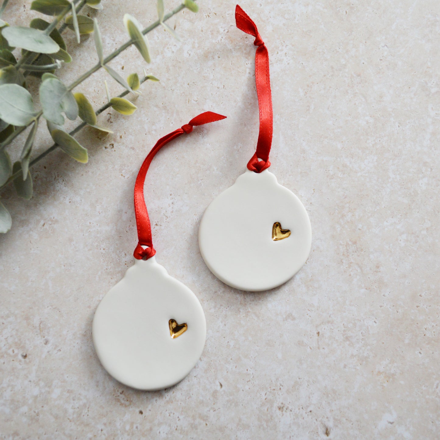 Seconds* A PAIR of Flat Bauble Hanging Decoration With A Gold Heart | Porcelain | Hanging Christmas Decorations | Christmas Tree Decor (A93)