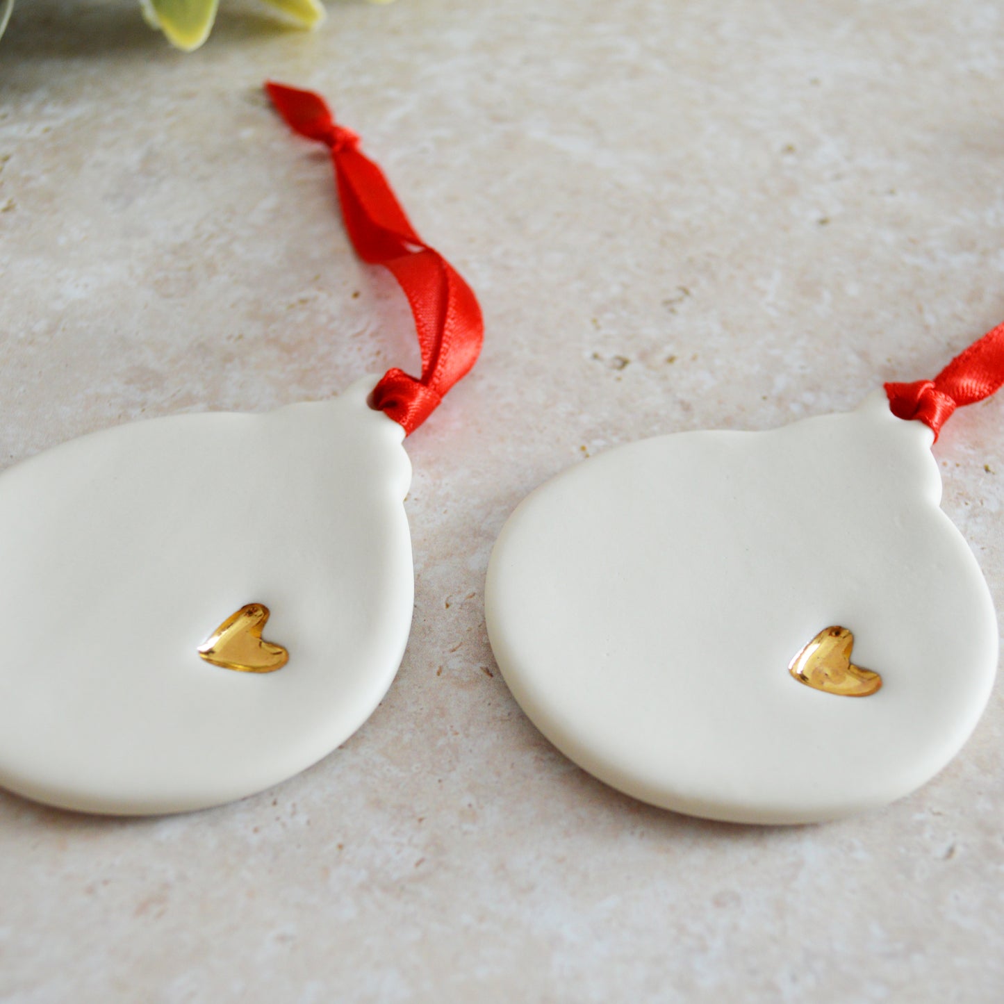 Seconds* A PAIR of Flat Bauble Hanging Decoration With A Gold Heart | Porcelain | Hanging Christmas Decorations | Christmas Tree Decor (A93-2)
