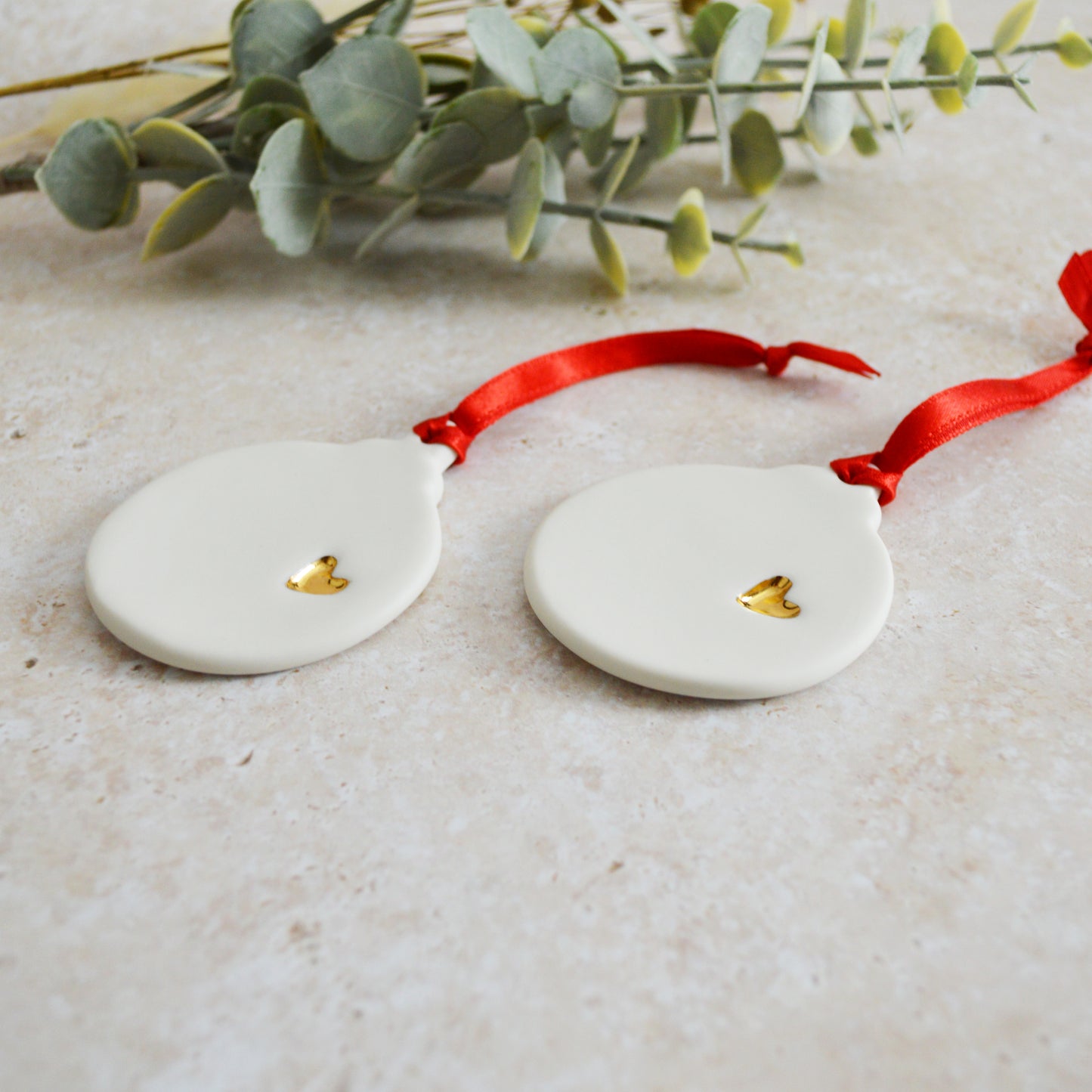 Seconds* A PAIR of Flat Bauble Hanging Decoration With A Gold Heart | Porcelain | Hanging Christmas Decorations | Christmas Tree Decor (A93)