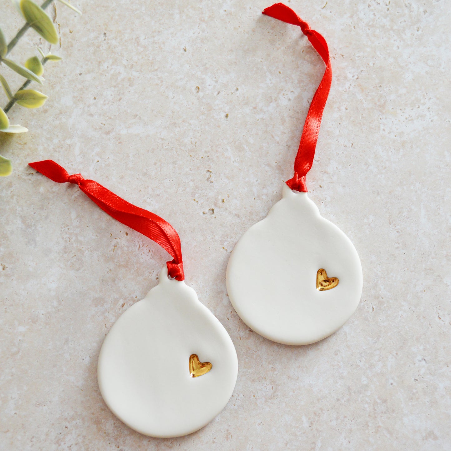 Seconds* A PAIR of Flat Bauble Hanging Decoration With A Gold Heart | Porcelain | Hanging Christmas Decorations | Christmas Tree Decor (A93-2)