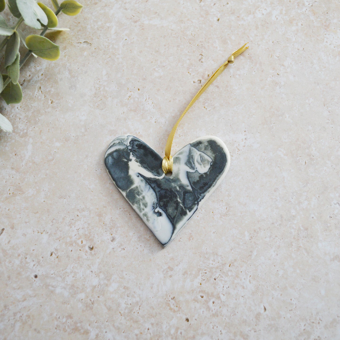 Sample*  Delicate Black and White Marbled Heart | Porcelain | Hanging Heart Decoration | Valentines Keepsake (A94)