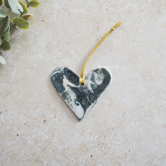 Sample*  Delicate Black and White Marbled Heart | Porcelain | Hanging Heart Decoration | Valentines Keepsake (A94)