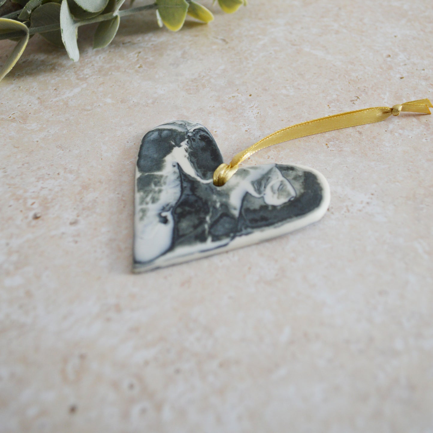 Sample*  Delicate Black and White Marbled Heart | Porcelain | Hanging Heart Decoration | Valentines Keepsake (A94)
