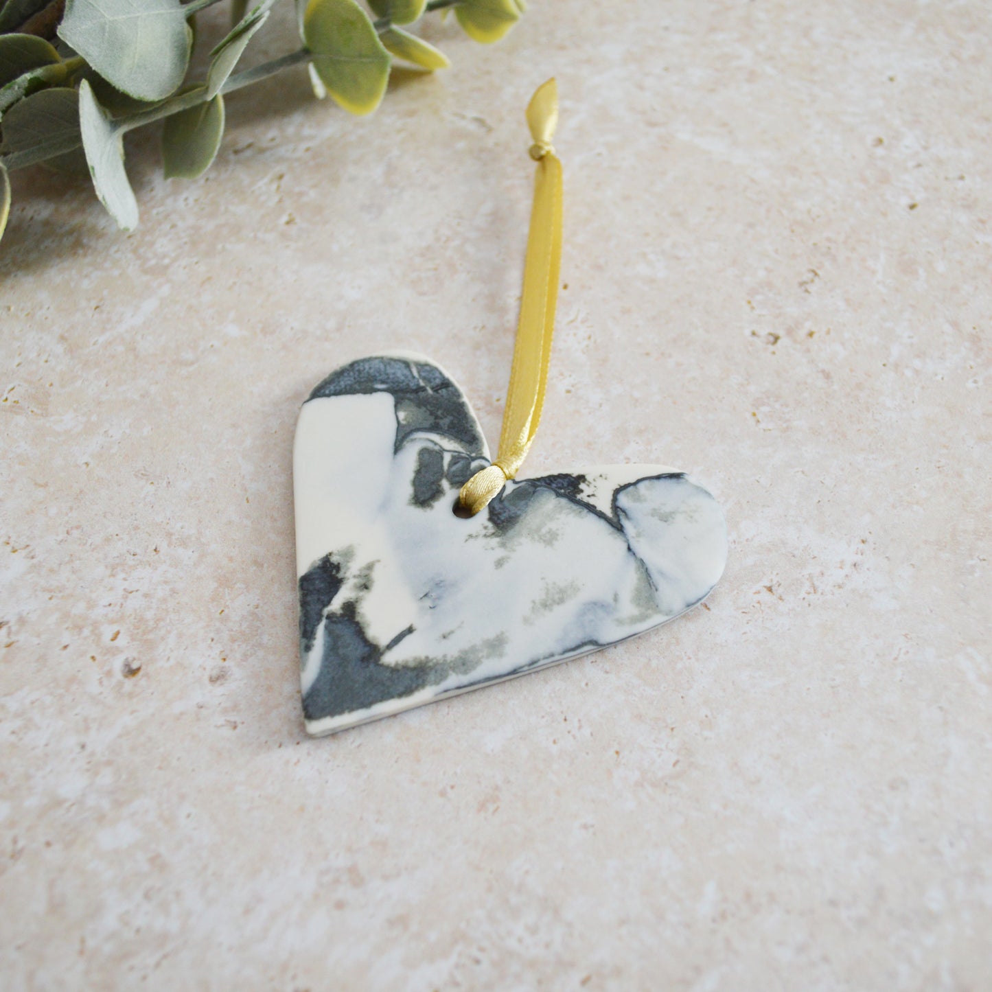 Sample*  Delicate Black and White Marbled Heart | Porcelain | Hanging Heart Decoration | Valentines Keepsake (A94)