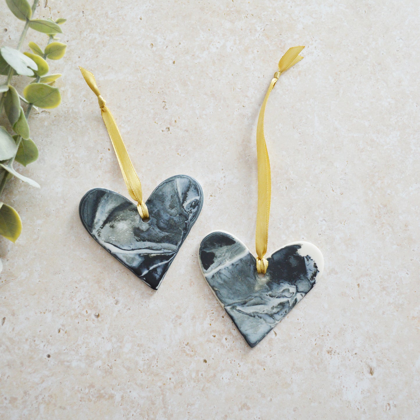 Sample* A PAIR of Delicate Black and White Marbled Heart with a White Back| Porcelain | Hanging Heart Decoration | Valentines Keepsake (A95)