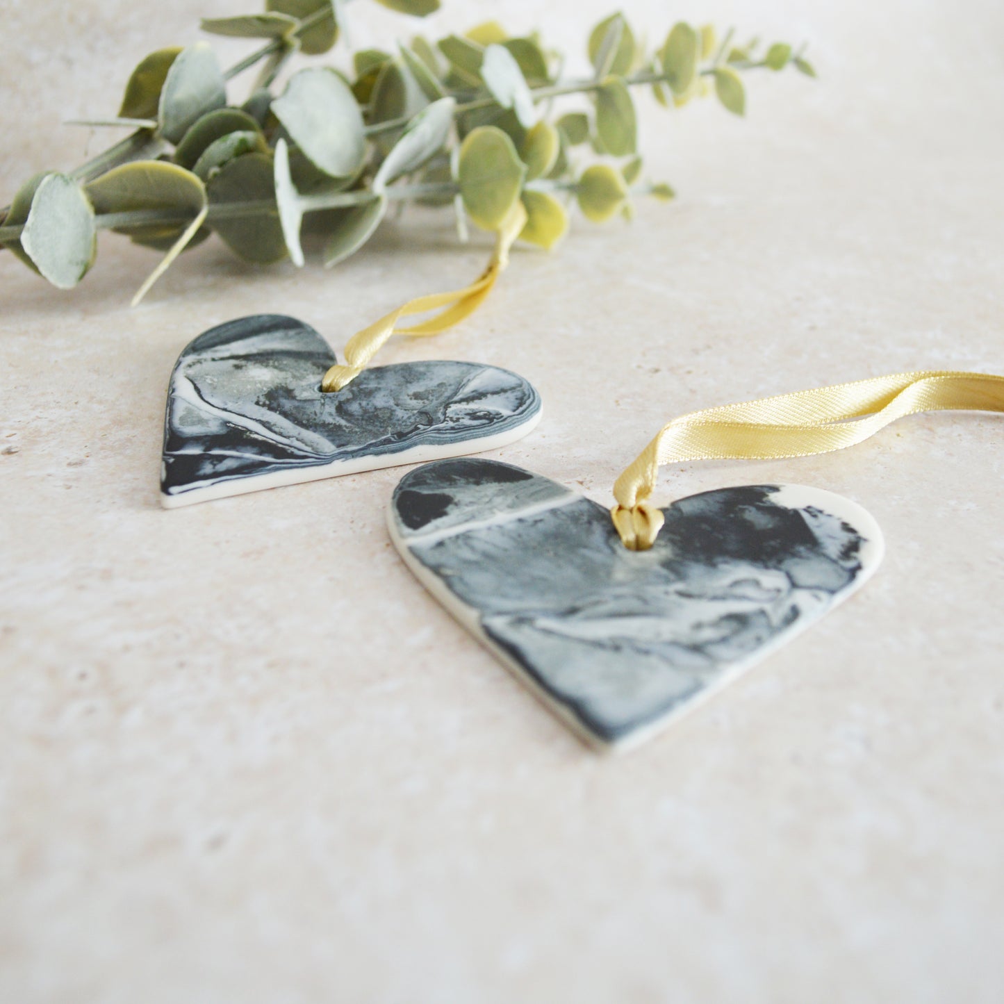 Sample* A PAIR of Delicate Black and White Marbled Heart with a White Back| Porcelain | Hanging Heart Decoration | Valentines Keepsake (A95)