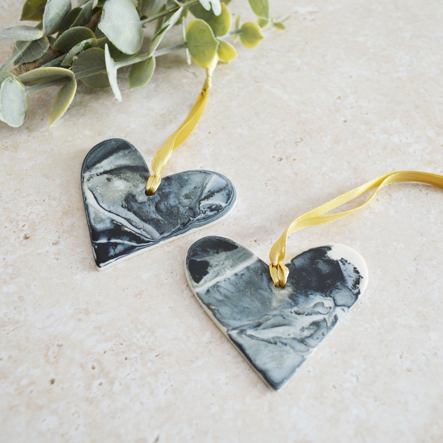 Sample* A PAIR of Delicate Black and White Marbled Heart with a White Back| Porcelain | Hanging Heart Decoration | Valentines Keepsake (A95)
