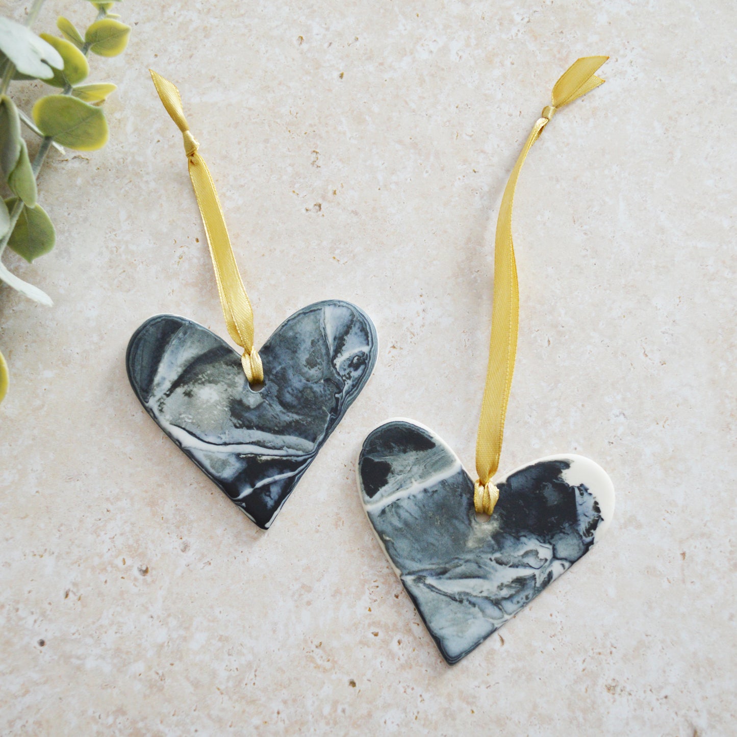 Sample* A PAIR of Delicate Black and White Marbled Heart with a White Back| Porcelain | Hanging Heart Decoration | Valentines Keepsake (A95)