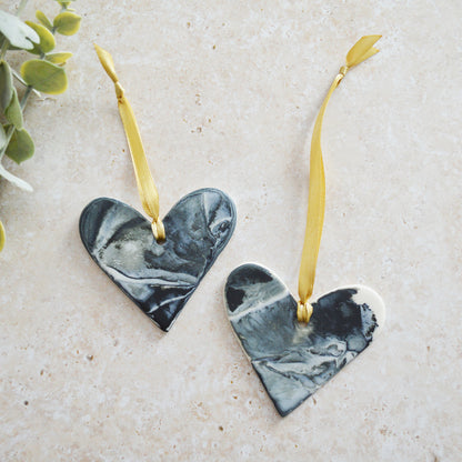 Sample* A PAIR of Delicate Black and White Marbled Heart with a White Back| Porcelain | Hanging Heart Decoration | Valentines Keepsake (A95)