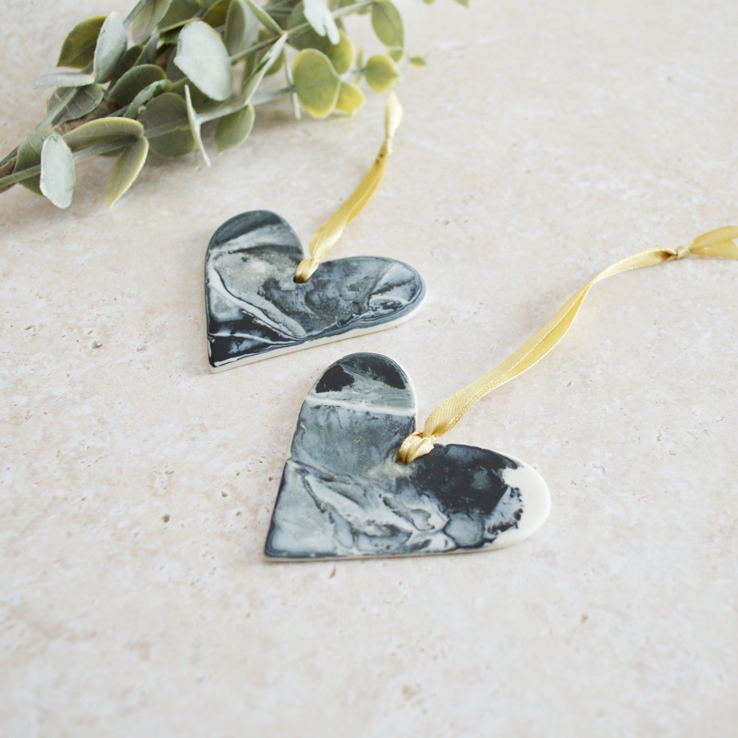 Sample* A PAIR of Delicate Black and White Marbled Heart with a White Back| Porcelain | Hanging Heart Decoration | Valentines Keepsake (A95)