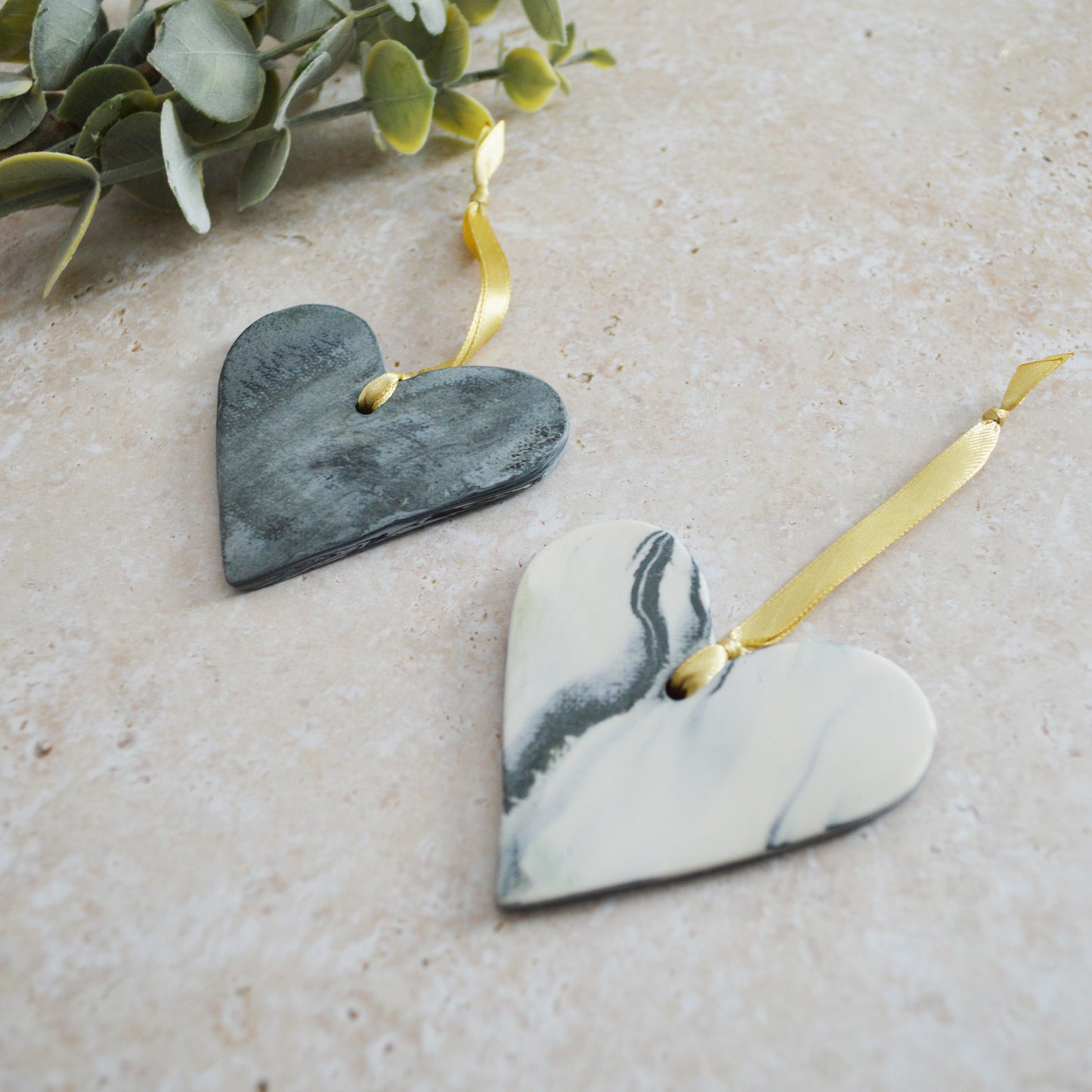 Sample* A PAIR of Black and White Marbled Heart | Porcelain | Hanging Heart Decoration | Valentines Keepsake (A96)