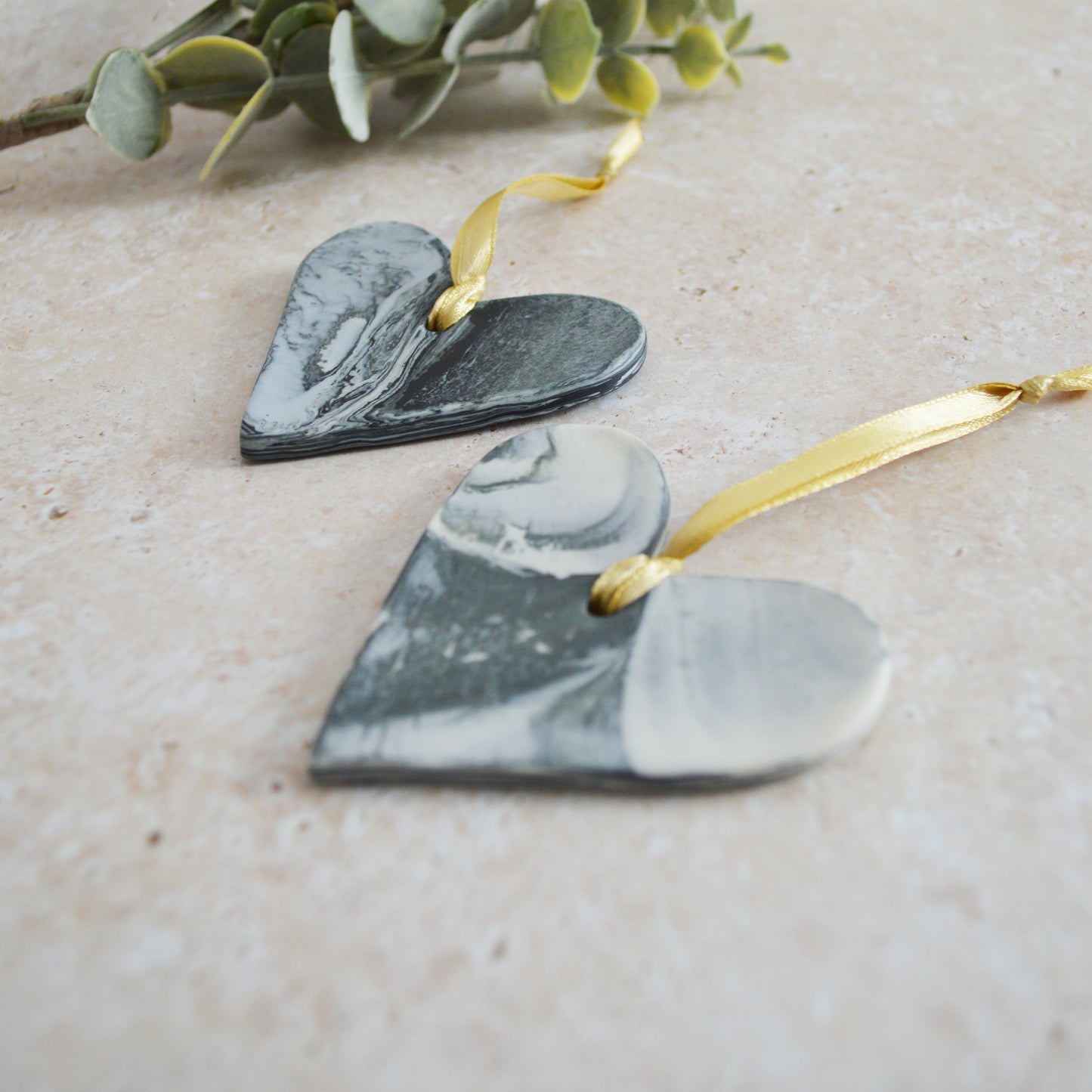 Sample* A PAIR of Black and White Marbled Heart | Porcelain | Hanging Heart Decoration | Valentines Keepsake (A96)