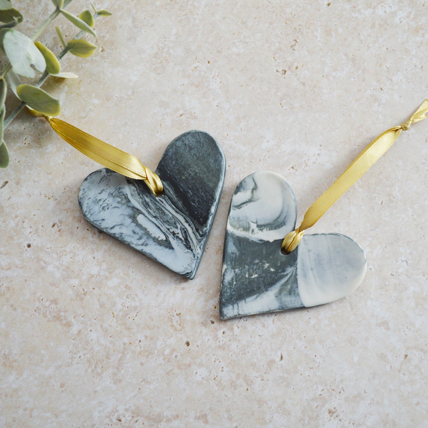 Sample* A PAIR of Black and White Marbled Heart | Porcelain | Hanging Heart Decoration | Valentines Keepsake (A96)
