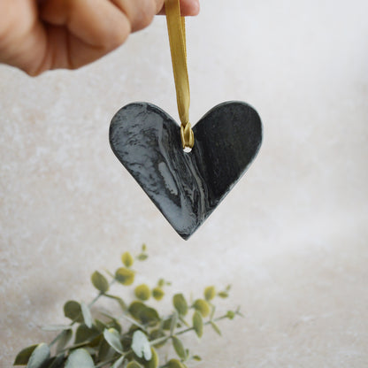 Sample* A PAIR of Black and White Marbled Heart | Porcelain | Hanging Heart Decoration | Valentines Keepsake (A96)