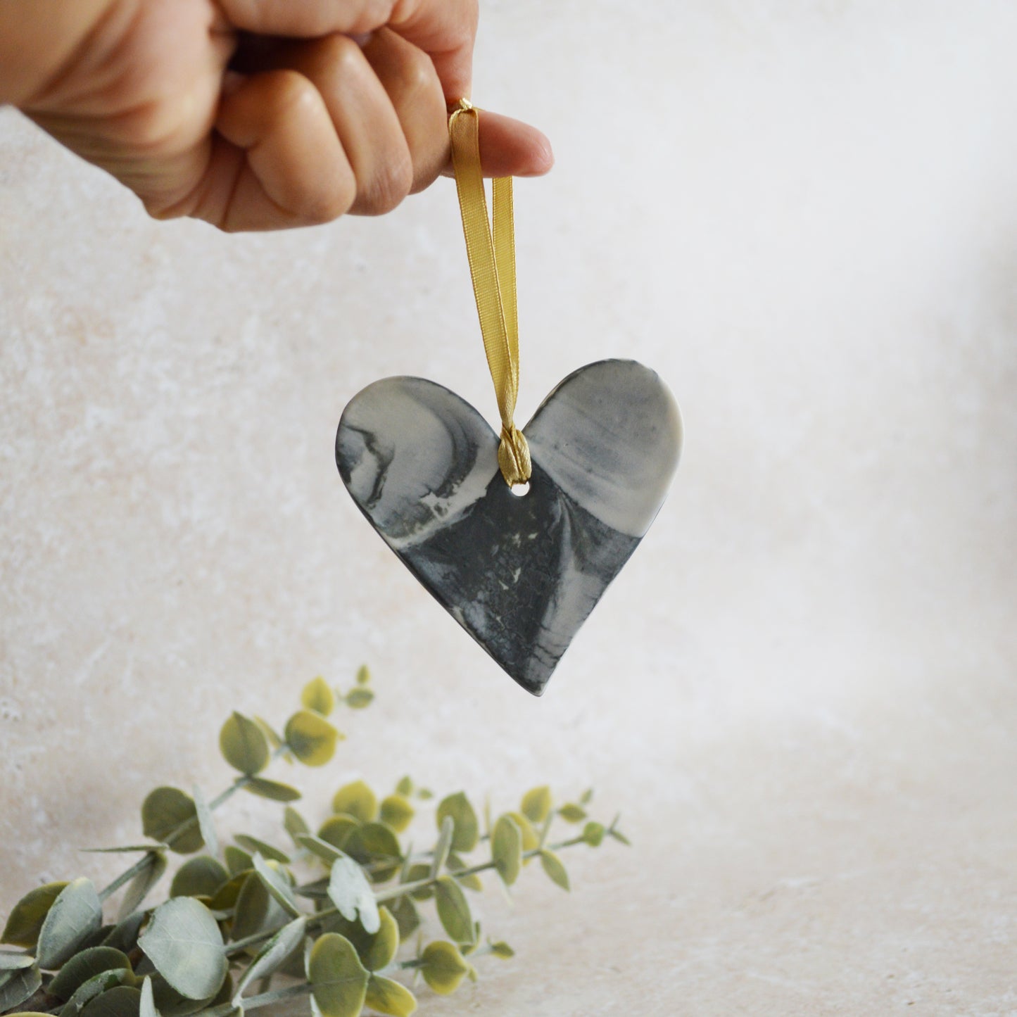 Sample* A PAIR of Black and White Marbled Heart | Porcelain | Hanging Heart Decoration | Valentines Keepsake (A96)